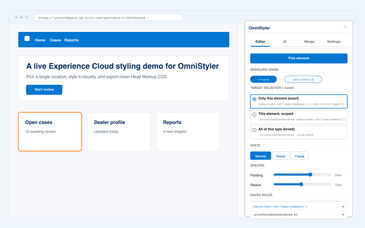 OmniStyler Chrome side panel editing a selected Experience Cloud portal card